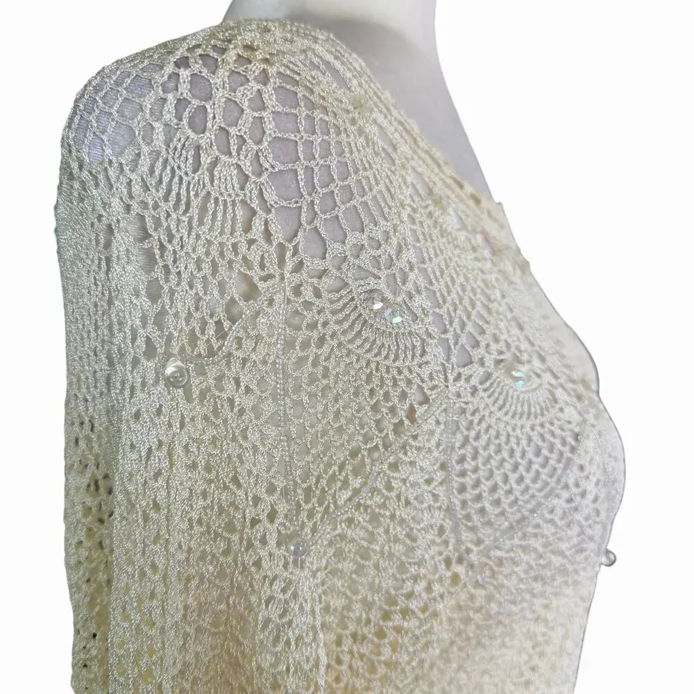 Vtg 70s Hand Crocheted Ivory Sweater Womens M Beaded Bohemian Boho Hippie